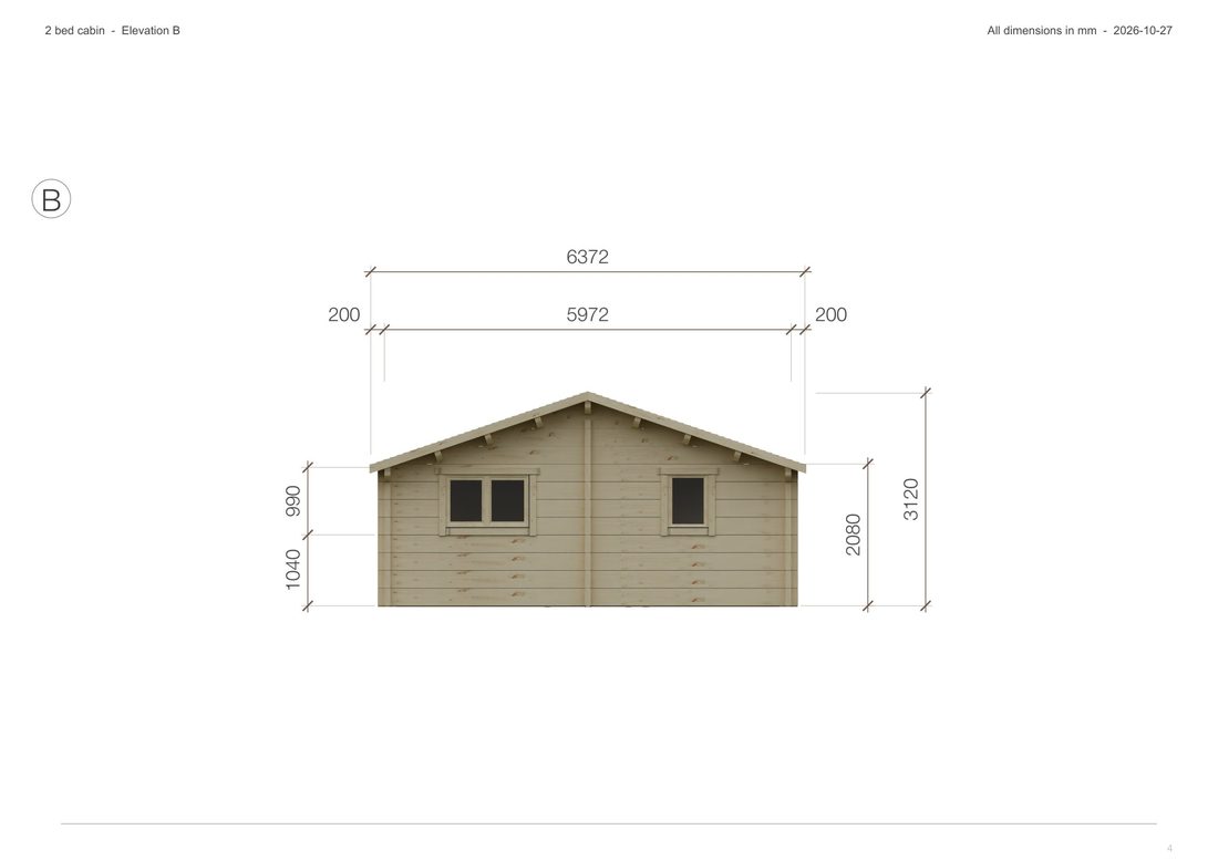 DrafTimber 2 bed cabin: elevation B page with dimensions