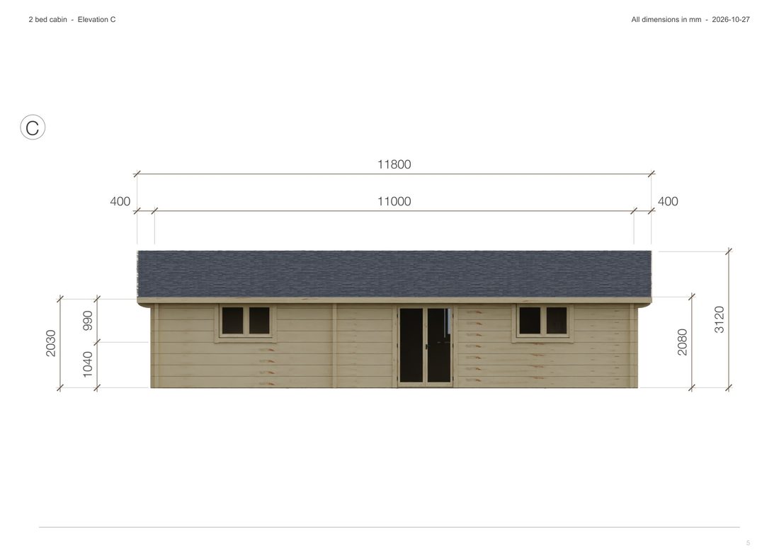 DrafTimber 2 bed cabin: elevation C page with dimensions