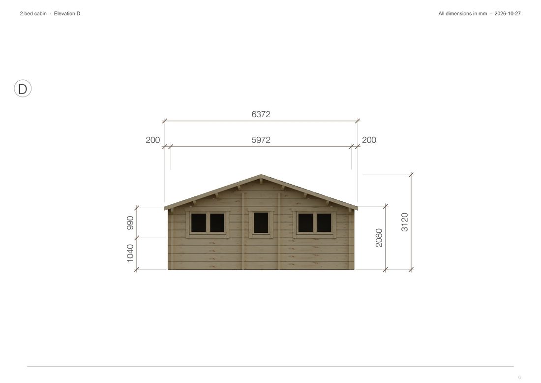 DrafTimber 2 bed cabin: elevation D page with dimensions
