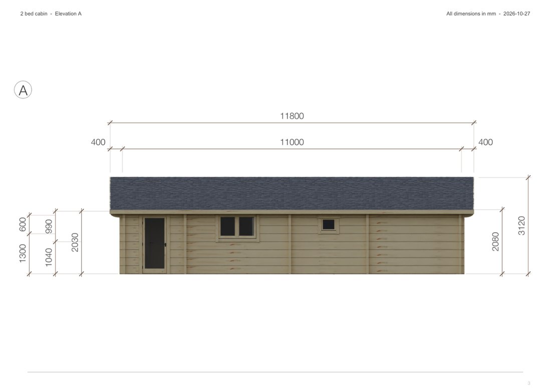 DrafTimber 2 bed cabin: elevation page with dimensions