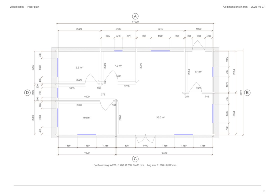 DrafTimber 2 bed cabin: floor plan page with dimensions and room areas