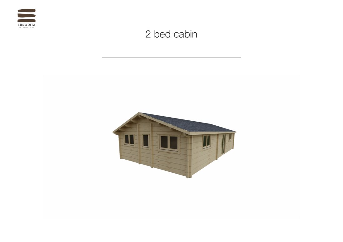 DrafTimber 2 bed cabin: PDF cover page with the logo and the 3D view