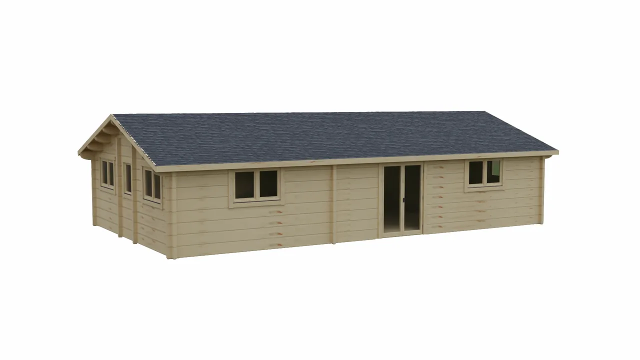 DrafTimber 2 bed cabin: 3D view turning, then the roof lifts to show the rooms