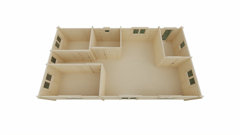 DrafTimber 2 bed cabin: 3D view from above with the roof lifted