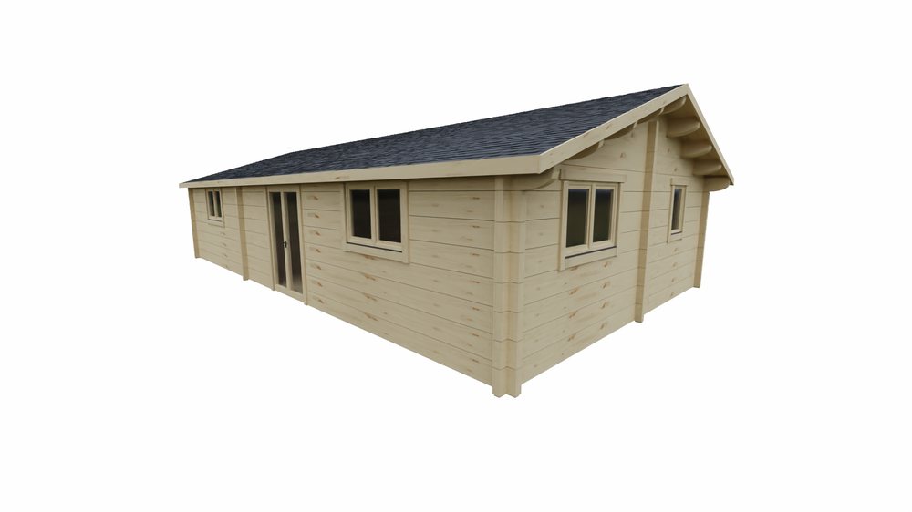 DrafTimber 2 bed cabin: 3D view from the front right