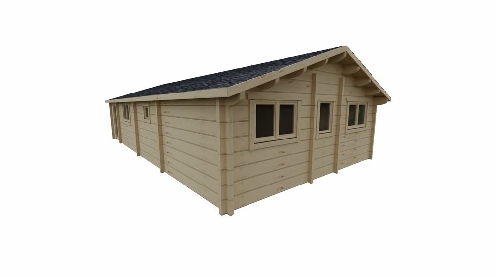 DrafTimber 2 bed cabin: 3D view from the rear left
