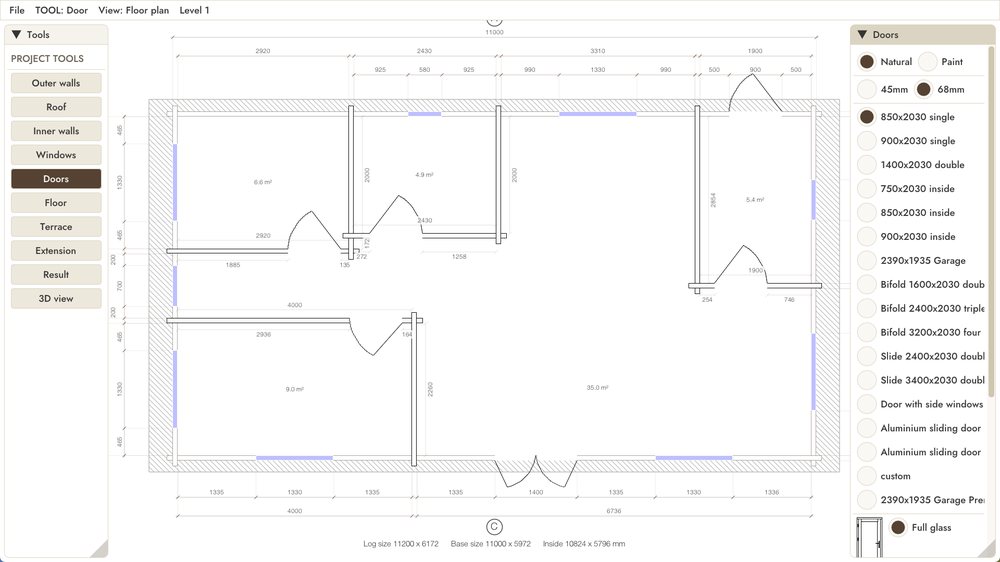 DrafTimber 2 bed cabin: program window, doors tool with the door sizes
