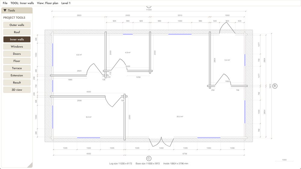 DrafTimber 2 bed cabin: program window, inner walls tool, plan with room areas