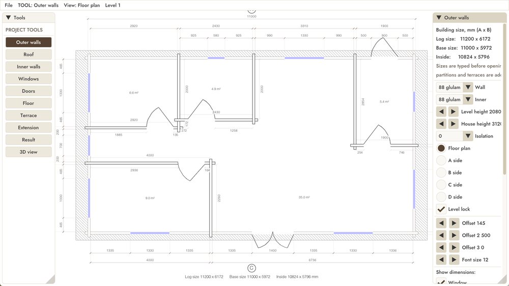 DrafTimber 2 bed cabin: program window, outer walls tool with the building sizes