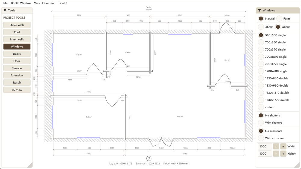 DrafTimber 2 bed cabin: program window, windows tool with the window sizes