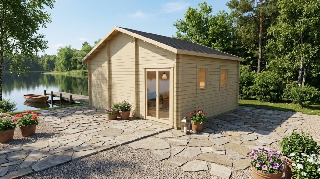 3D project view of Apex Timber Building 6.3x4.8 with 70mm solid log walls and an apex roof