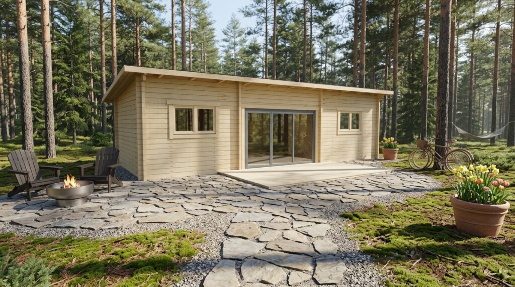 3D project view of Pent Cross-Rafter Holiday Cabin 4.0x9.5 with 70mm solid log walls and a pent roof with cross rafters