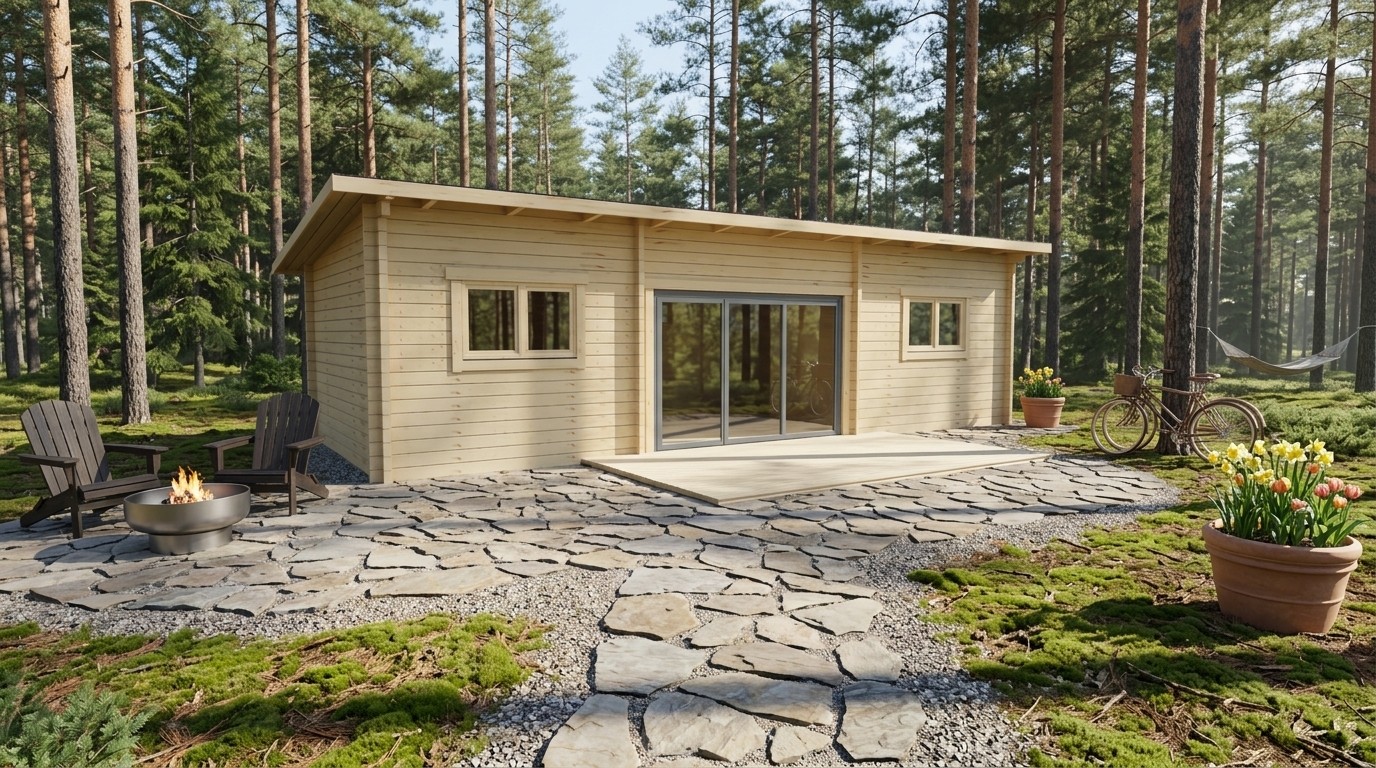 3D project view of Pent Cross-Rafter Holiday Cabin 4.0x9.5 with 70mm solid log walls and a pent roof with cross rafters