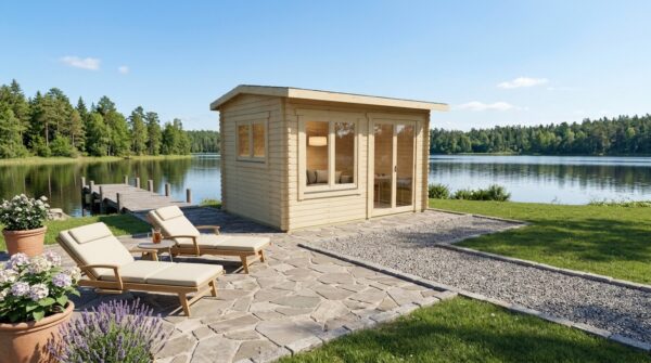 3D project view of Apex Garden Office 2.8x3.8 with 28mm solid log walls and an apex roof