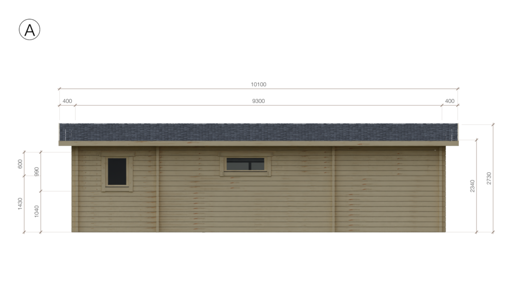 Elevation A of Pent Cross-Rafter Holiday Cabin 4.0x9.5, dimensioned drawing