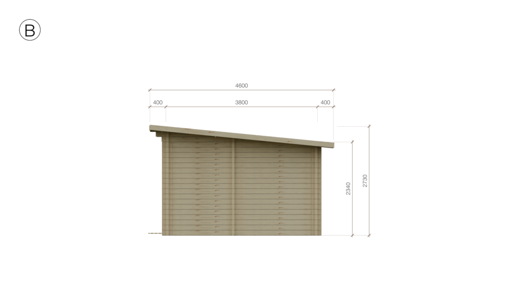 Elevation B of Pent Cross-Rafter Holiday Cabin 4.0x9.5, dimensioned drawing
