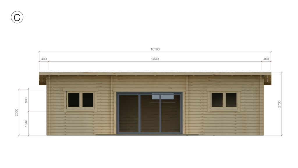 Elevation C of Pent Cross-Rafter Holiday Cabin 4.0x9.5, dimensioned drawing