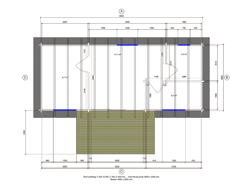 Floor plan of Pent Cross-Rafter Holiday Cabin 4.0x9.5, dimensioned drawing
