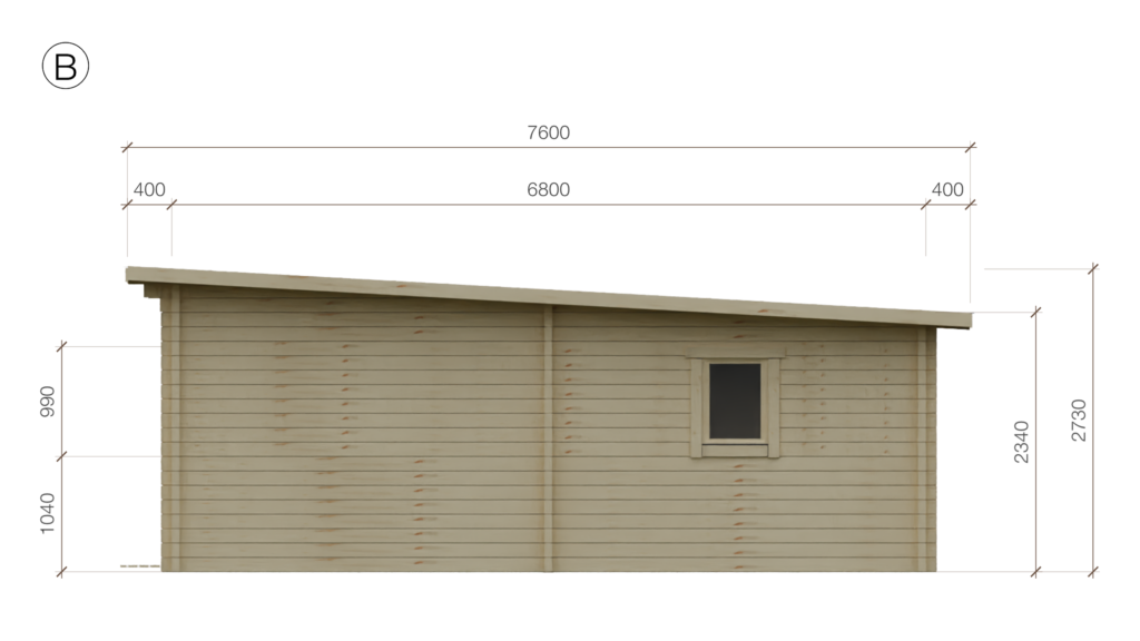 Elevation B of Pent Cross-Rafter Holiday Cabin 7.0x4.0, dimensioned drawing
