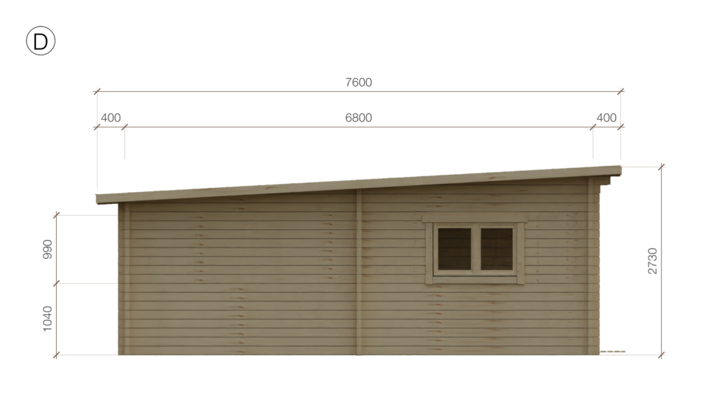 Elevation D of Pent Cross-Rafter Holiday Cabin 7.0x4.0, dimensioned drawing