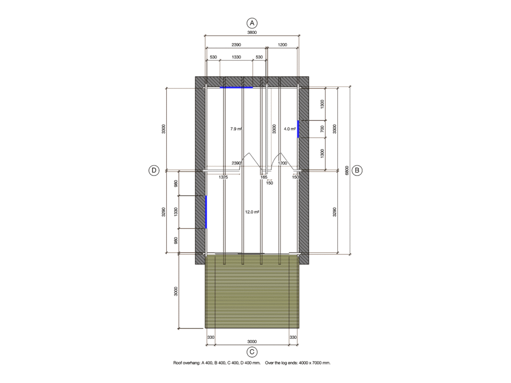 Floor plan of Pent Cross-Rafter Holiday Cabin 7.0x4.0, dimensioned drawing